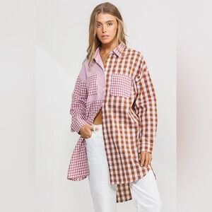 NWT Brown Gingham Long Button-Down Shirt Size L